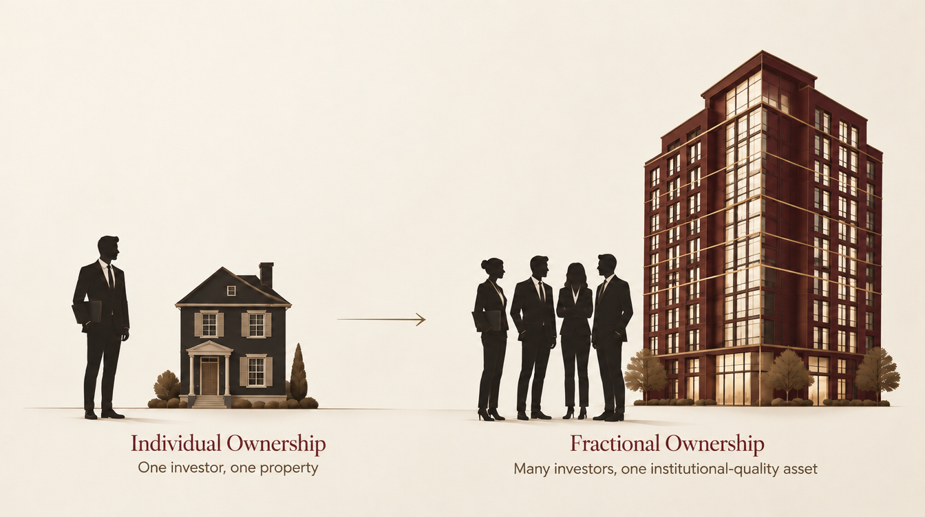 Illustration comparing individual ownership of a single rental property with fractional ownership of an institutional-quality building through a Delaware Statutory Trust