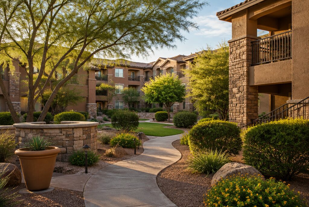 Garden-style apartment community in warm afternoon light