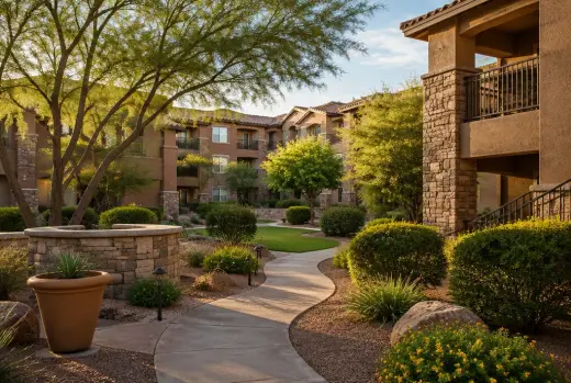 Garden-style apartment community in warm afternoon light