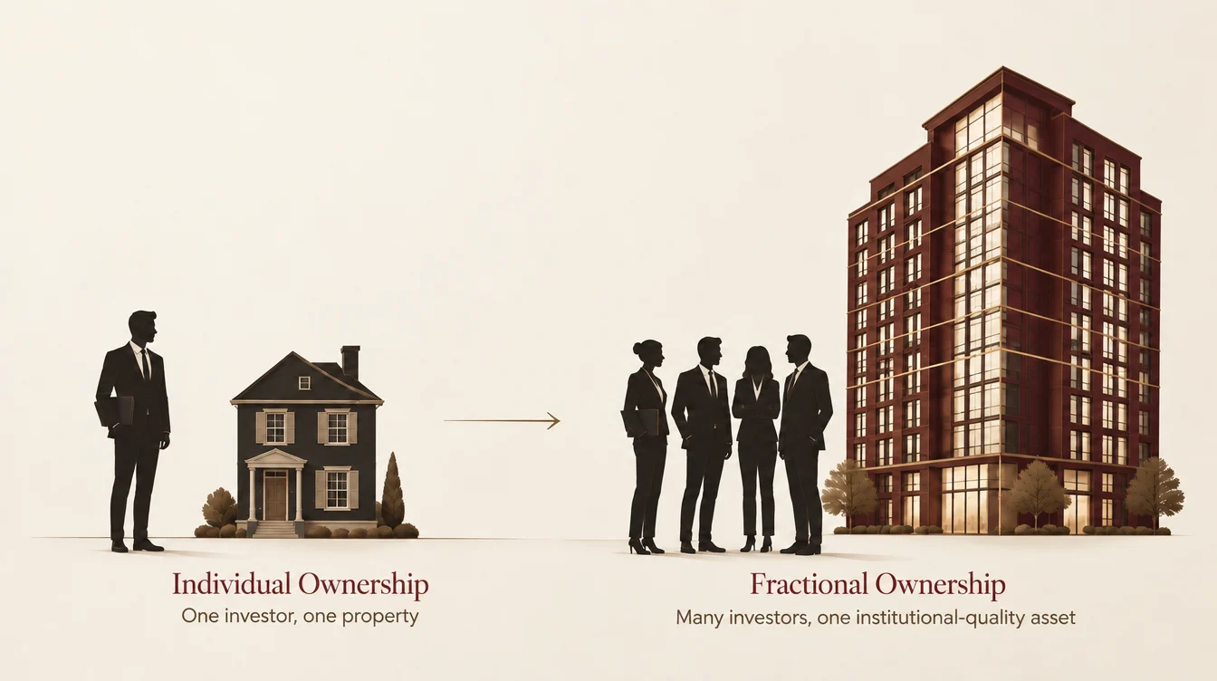 Illustration comparing individual ownership of a single rental property with fractional ownership of an institutional-quality building through a Delaware Statutory Trust
