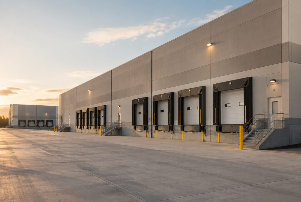 Modern industrial warehouse with loading docks
