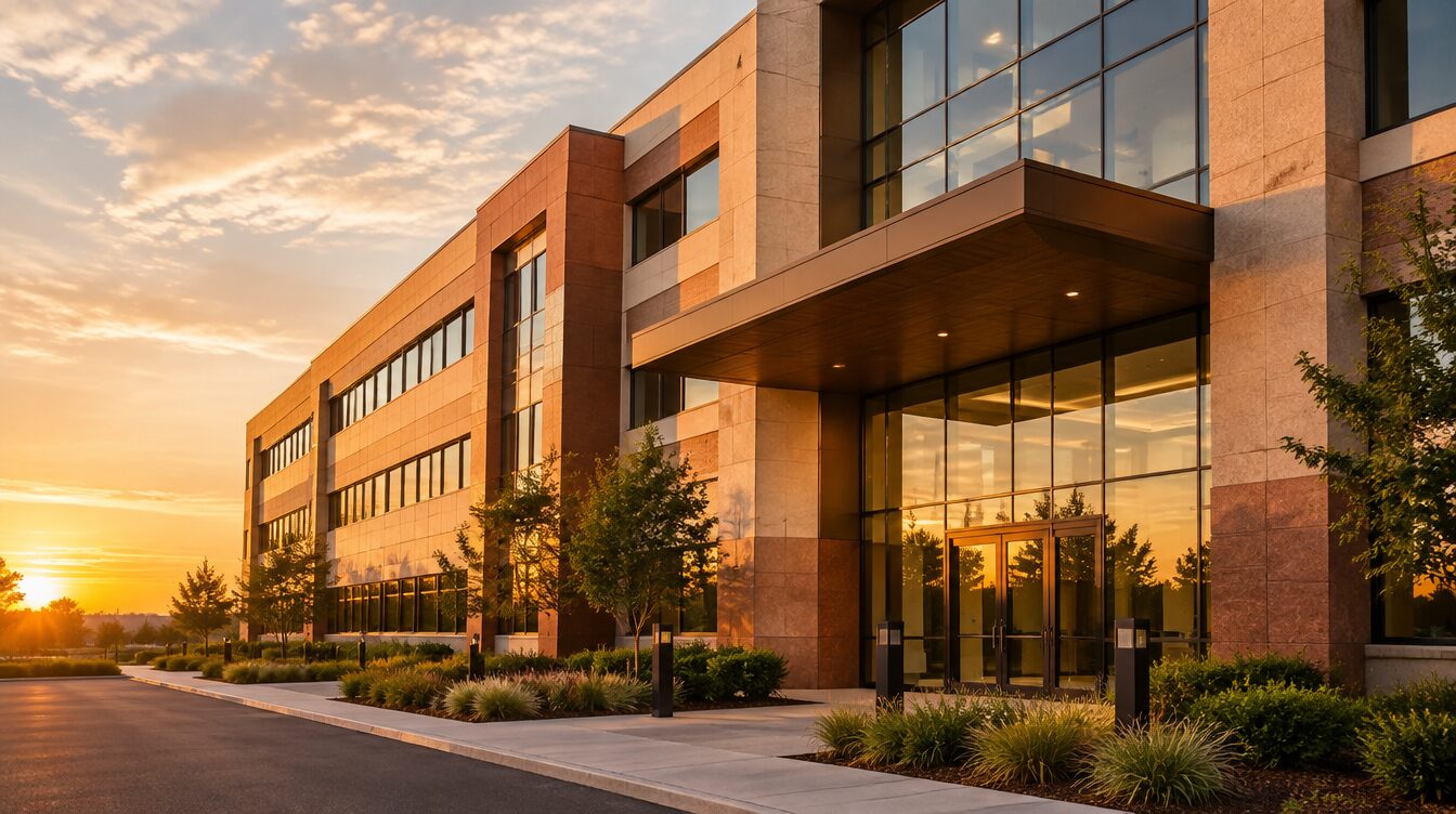 Modern office building facade in warm evening light