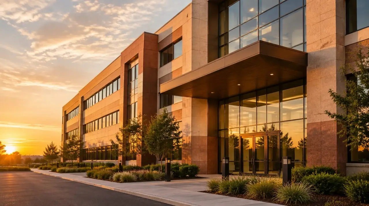 Modern office building facade in warm evening light